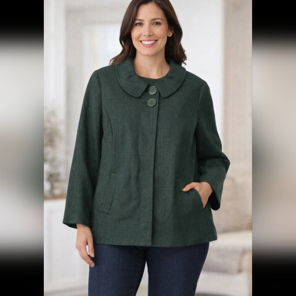 Maggie Barnes Plus Size 2X Forest Green Blazer Peter Pan Collar 2 Top Buttons